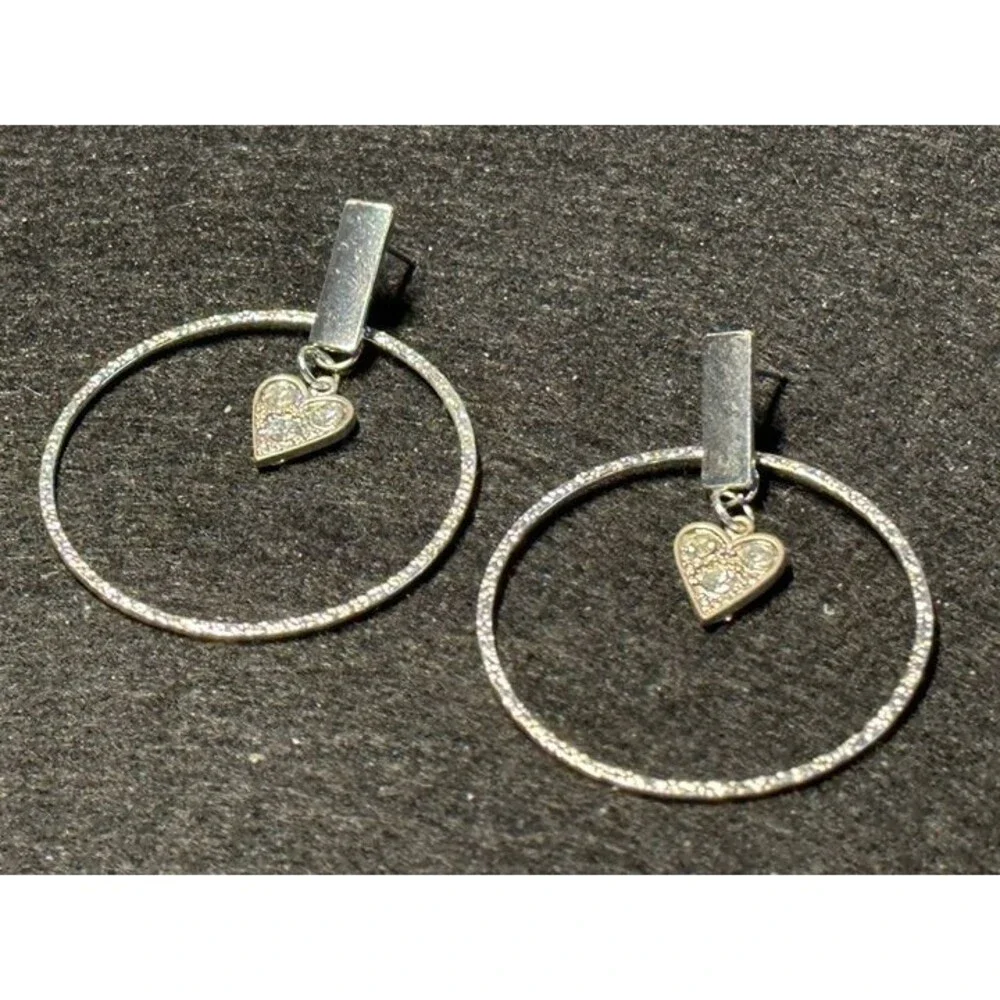 Sarah & Co Silver Tone Hoop Earrings with Rhinestone Heart Charm Dangle New